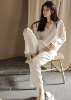 Elegant White Peter Pan Collar Button Solid Ice Silk Pajamas Two Piece Set Spring TO1040 -Ada Fashion Elegant White Peter Pan Collar Button Solid Ice Silk Pajamas Two Piece Set Spring4