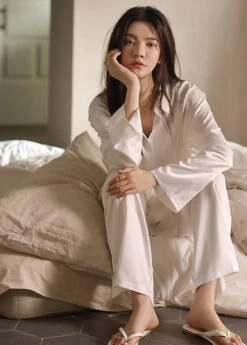 Elegant White Peter Pan Collar Button Solid Ice Silk Pajamas Two Piece Set Spring TO1040 -Ada Fashion Elegant White Peter Pan Collar Button Solid Ice Silk Pajamas Two Piece Set Spring5
