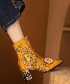 Elegant Yellow Embroidered Zircon Satin Chunky Ankle Boots RT1082 -Ada Fashion Elegant Yellow Embroidered Zircon Satin Chunky Ankle Boots3
