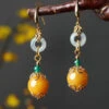 Elegant Yellow Sterling Silver Overgild Jade Drop Earrings LY9207