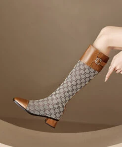 Brown Splicing Zippered Chunky Long Boots -Ada Fashion European And American Style Brown Splicing Zippered Chunky Long Boots Ada Fashion 173746014