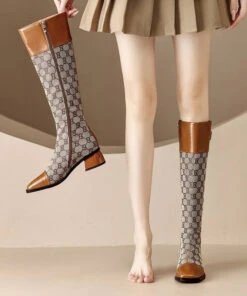 Brown Splicing Zippered Chunky Long Boots -Ada Fashion European And American Style Brown Splicing Zippered Chunky Long Boots Ada Fashion 173746131