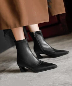 European And American Style Splicing Chunky Boots -Ada Fashion European And American Style Elegant Splicing Chunky Boots Black Pointed Toe Ada Fashion 173741012