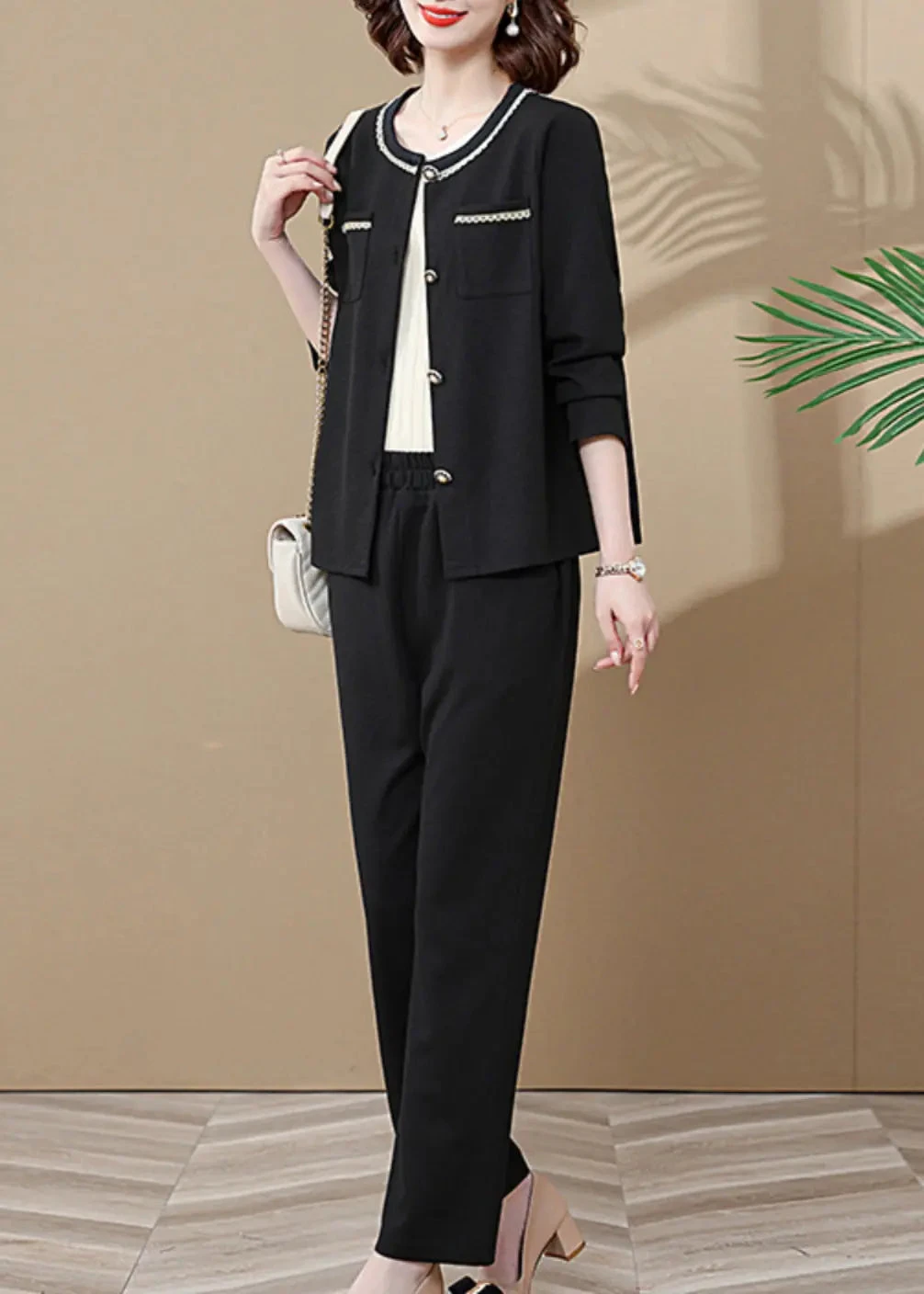 Fashion Black Pockets Patchwork Cardigans And Wide Leg Pants Two Pieces Set Long Sleeve ML0884 4 Fashion Black Pockets Patchwork Cardigans And Wide Leg Pants Two Pieces Set Long Sleeve ML0884 - Image 2