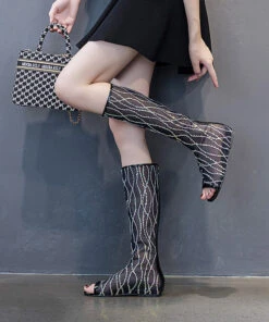 Fashion Black Sequins Breathable Tulle High Boots XC1037 -Ada Fashion Fashion Black Sequins Breathable Tulle High Boots3