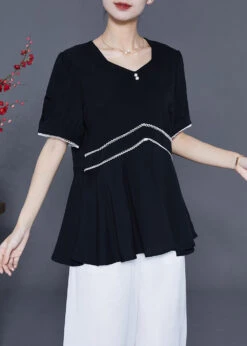 Fashion Black Slim Fit Patchwork Exra Large Hem Chiffon Blouse Tops Summer LY5381