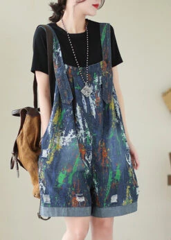 Fashion Blue Oversized Tie Dye Denim Jumpsuits Ripped Shorts Summer LY4978