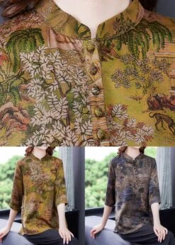 Fashion Blue Patchwork Print Button Silk Blouse Tops Summer LY0427 -Ada Fashion Fashion Blue Patchwork Print Button Silk Blouse Tops Summer4