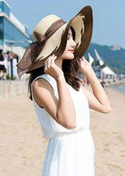 Fashion Coffee Bow Patchwork Straw Woven Beach Floppy Sun Hat LC0555 -Ada Fashion Fashion Coffee Bow Patchwork Straw Woven Beach Floppy Sun Hat4