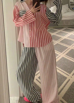 Fashion Colorblock Striped Patchwork Cotton Pajamas Two Piece Set Spring LY2829
