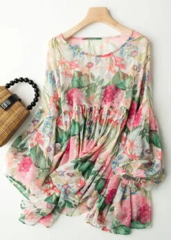 Fashion Floral Print Wrinkled Patchwork Chiffon Blouses Lantern Sleeve LY8306