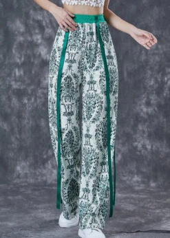 Print Ribbon Cotton Straight Pants -Ada Fashion Fashion Green Print Ribbon Cotton Straight Pants Fall Ada Fashion 176576054