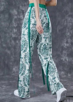 Print Ribbon Cotton Straight Pants -Ada Fashion Fashion Green Print Ribbon Cotton Straight Pants Fall Ada Fashion 176576166