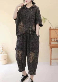 Fashion Leopard Hooded Patchwork Denim Two Piece Set Summer LY4074