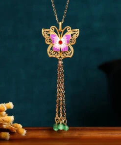 Fashion Purple Sterling Silver Overgild Agate Butterfly Tassel Pendant Necklace KX1063 -Ada Fashion Fashion Purple Sterling Silver Overgild Agate Butterfly Tassel Pendant Necklace3