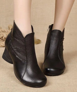 Fashion Splicing Chunky Boots Black CowhideLeather LY0237