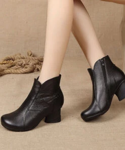Fashion Splicing Chunky Boots Black CowhideLeather LY0237 -Ada Fashion Fashion Splicing Chunky Boots Black Cowhide Leather3