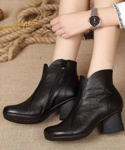 Fashion Splicing Chunky Boots Black CowhideLeather LY0237 -Ada Fashion Fashion Splicing Chunky Boots Black Cowhide Leather5