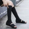 Fashion Splicing Long Boots Black Peep Toe Elastic Fabric XC1055