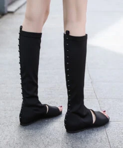 Fashion Splicing Long Boots Black Peep Toe Elastic Fabric XC1055 -Ada Fashion Fashion Splicing Long Boots Black Peep Toe Elastic Fabric4