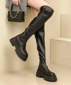 Fashion Zippered Splicing Platform Knee Boots Black ML1691