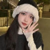 Fine Black Patchwork Thick Knit Bonnie Hat LY528