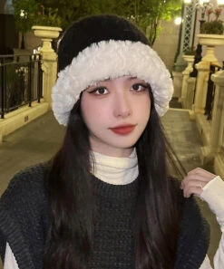 Fine Black Patchwork Thick Knit Bonnie Hat LY528 -Ada Fashion Fine Black Patchwork Thick Knit Bonnie Hat4