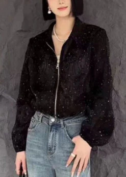 Fine Black Peter Pan Collar Zircon Zippered UPF 50+ Coat Long Sleeve VB1051 -Ada Fashion Fine Black Peter Pan Collar Zircon Zippered UPF 50 Coat Long Sleeve3