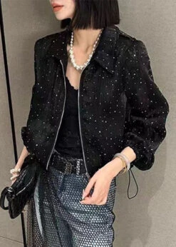 Fine Black Peter Pan Collar Zircon Zippered UPF 50+ Coat Long Sleeve VB1051 -Ada Fashion Fine Black Peter Pan Collar Zircon Zippered UPF 50 Coat Long Sleeve5