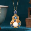 Fine Blue Ancient Gold Jade Enamel Lotus Flower Gourd Pendant Necklace KX1073