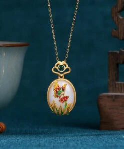 Fine Gold Copper Overgild Jade Crystal Butterfly Floral Pendant Necklace KX1069 -Ada Fashion Fine Gold Copper Overgild Jade Crystal Butterfly Floral Pendant Necklace3