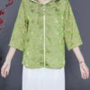 Fine Grass Green Hooded Print Silk Blouses Bracelet Sleeve LY5395 -Ada Fashion Fine Grass Green Hooded Print Silk Blouses Bracelet Sleeve1