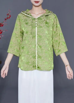 Fine Grass Green Hooded Print Silk Blouses Bracelet Sleeve LY5395
