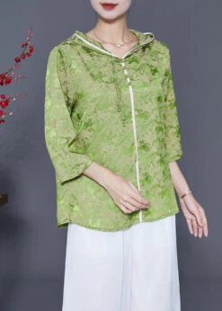 Fine Grass Green Hooded Print Silk Blouses Bracelet Sleeve LY5395 -Ada Fashion Fine Grass Green Hooded Print Silk Blouses Bracelet Sleeve3