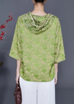 Fine Grass Green Hooded Print Silk Blouses Bracelet Sleeve LY5395 -Ada Fashion Fine Grass Green Hooded Print Silk Blouses Bracelet Sleeve4