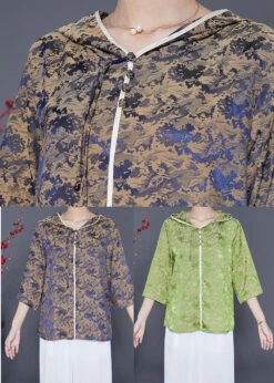 Fine Grass Green Hooded Print Silk Blouses Bracelet Sleeve LY5395 -Ada Fashion Fine Grass Green Hooded Print Silk Blouses Bracelet Sleeve5