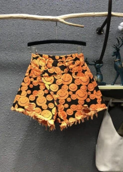 Fine Orange Print Patchwork Denim Wide Leg Shorts Summer ML0708