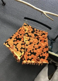 Fine Orange Print Patchwork Denim Wide Leg Shorts Summer ML0708 -Ada Fashion Fine Orange Print Patchwork Denim Wide Leg Shorts Summer Ada Fashion 163902383