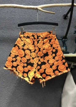 Fine Orange Print Patchwork Denim Wide Leg Shorts Summer ML0708 -Ada Fashion Fine Orange Print Patchwork Denim Wide Leg Shorts Summer Ada Fashion 163902460