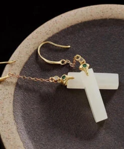 Fine White Sterling Silver Overgild Inlaid Jade Rectangular Drop Earrings LY8549