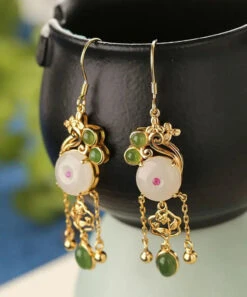 Fine White Sterling Silver Overgild Jade Tassel Drop Earrings LY8552 -Ada Fashion Fine White Sterling Silver Overgild Jade Tassel Drop Earrings Ada Fashion 150917180