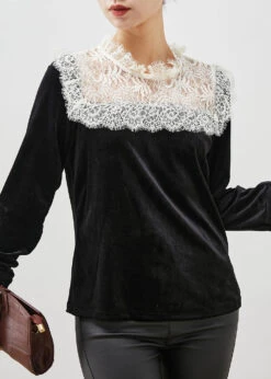 Fitted Black Lace Patchwork Silm Fit Velour Blouses Spring YU1057 -Ada Fashion Fitted Black Lace Patchwork Silm Fit Velour Blouses Spring3