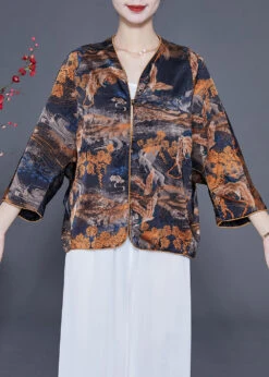 Fitted Black V Neck Print Silk Coats Bracelet Sleeve LY2336