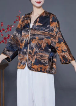 Fitted Black V Neck Print Silk Coats Bracelet Sleeve LY2336 -Ada Fashion Fitted Black V Neck Print Silk Coats Bracelet Sleeve3