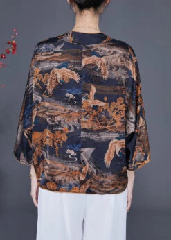 Fitted Black V Neck Print Silk Coats Bracelet Sleeve LY2336 -Ada Fashion Fitted Black V Neck Print Silk Coats Bracelet Sleeve4