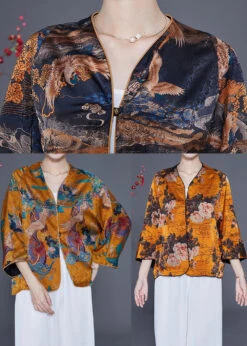 Fitted Black V Neck Print Silk Coats Bracelet Sleeve LY2336 -Ada Fashion Fitted Black V Neck Print Silk Coats Bracelet Sleeve5