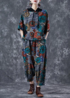 Fitted Grey Hooded Floral Print Cotton Two Piece Set Summer LY7069