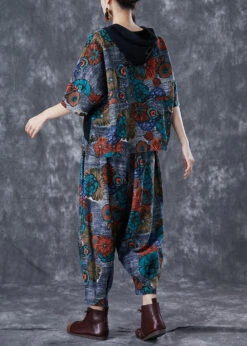 Fitted Grey Hooded Floral Print Cotton Two Piece Set Summer LY7069 -Ada Fashion Fitted Grey Hooded Floral Print Cotton Two Piece Set Summer4