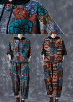 Fitted Grey Hooded Floral Print Cotton Two Piece Set Summer LY7069 -Ada Fashion Fitted Grey Hooded Floral Print Cotton Two Piece Set Summer5