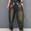 Floral Rivet Patchwork Denim Pockets Harem Pants Fall ML1463